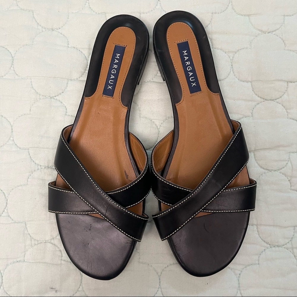 Margaux Women’s The Slide Sandal in Black & Brown w White Stitching — sz 38/7.5